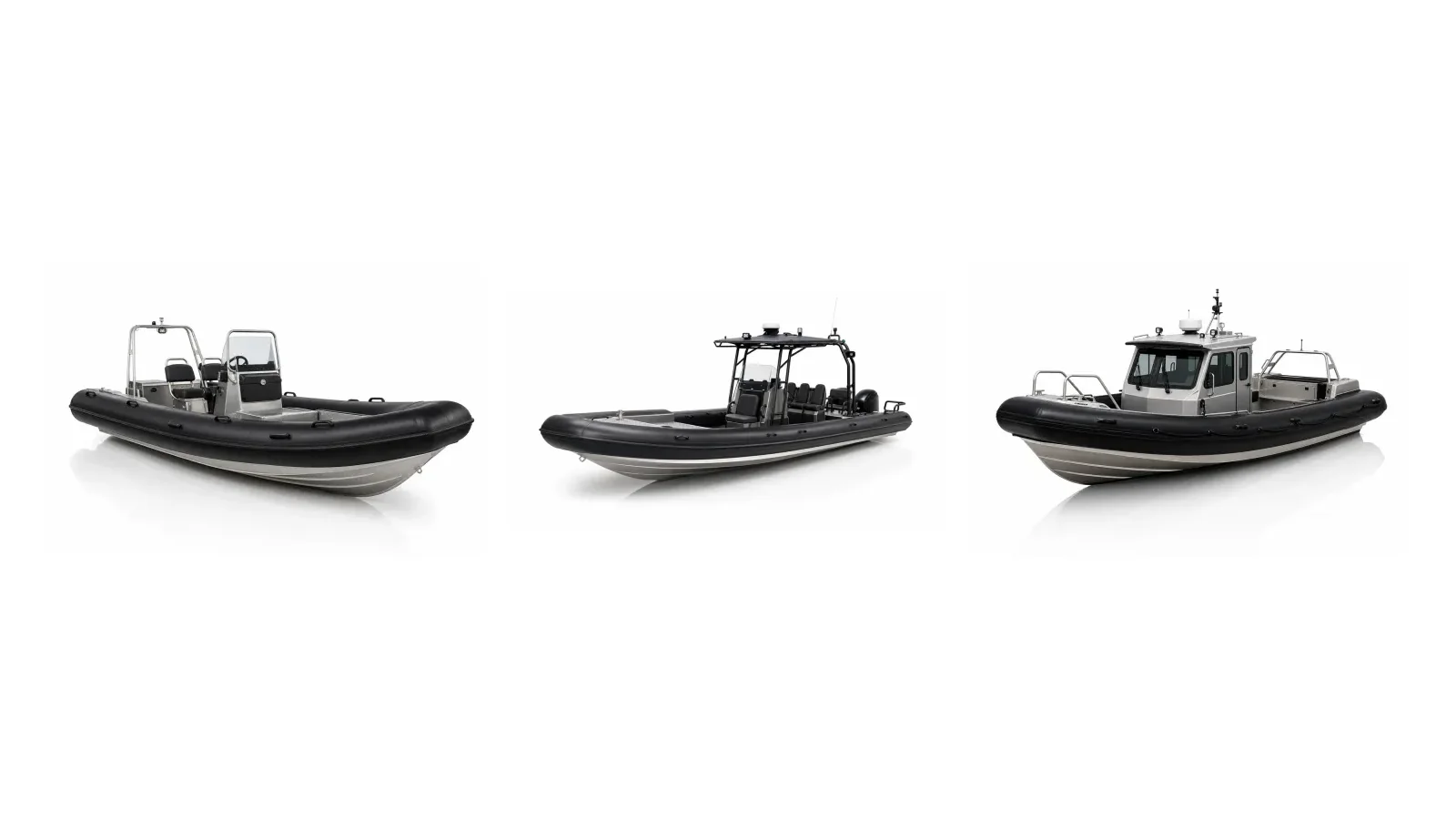 Centre-console, T-top patrol and cabin aluminium RIB boats from the Sea Keepers catalogue shown side by side on a white background
