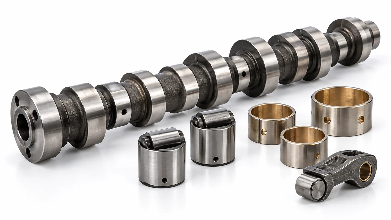 Marine diesel camshaft, roller followers, precision bushes and rocker component arranged on a white studio background