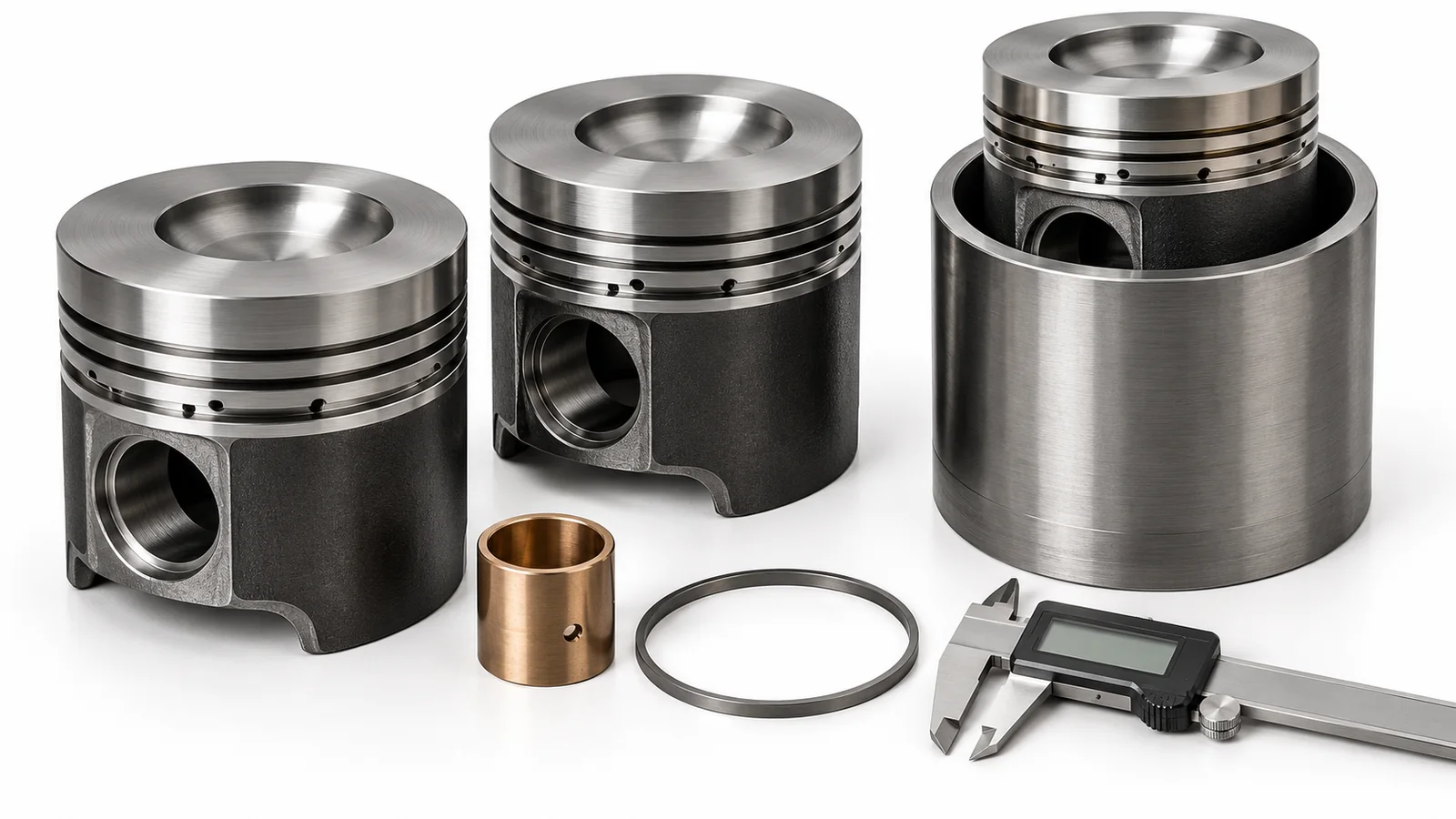 Heavy-duty diesel engine piston bodies with ring grooves, one fitted as a piston-and-sleeve assembly, a small bronze connecting-rod bushing and a thin filler band arranged with a digital caliper on a white studio background