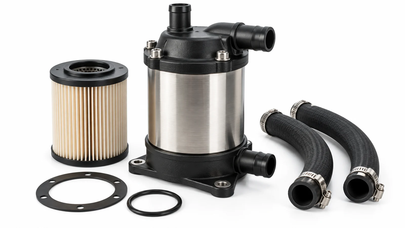 Marine diesel crankcase breather housing, filter element, gaskets and hoses arranged on a white studio background