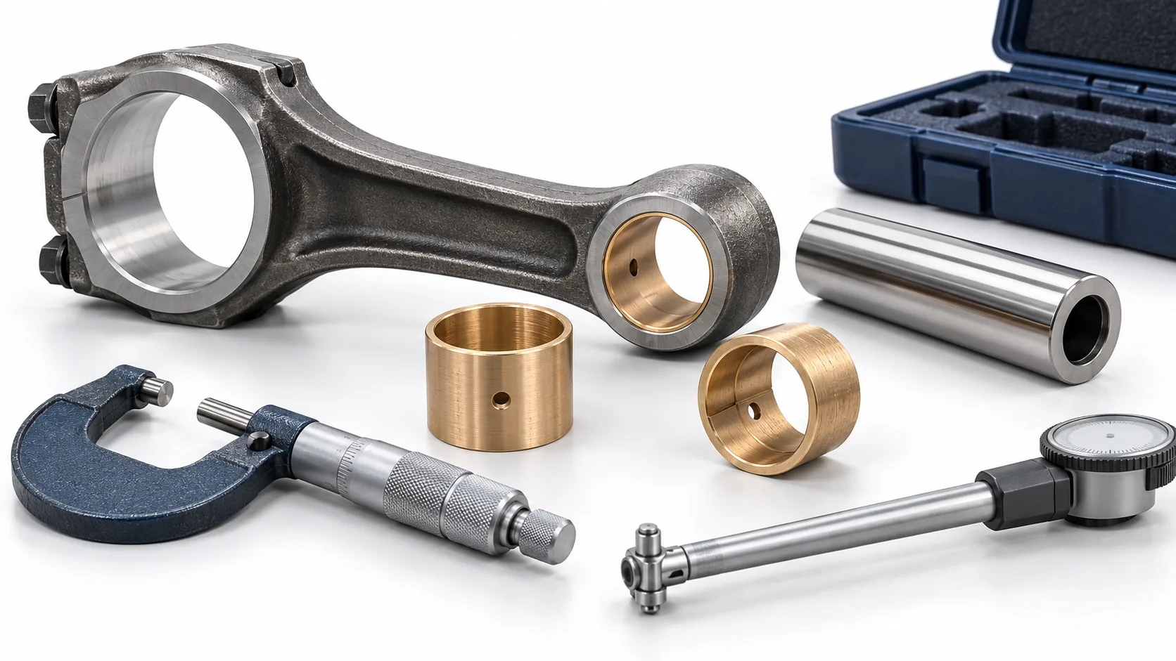 Bronze connecting-rod bushings shown with a diesel connecting rod, piston pin, micrometer and bore gauge on a white studio background