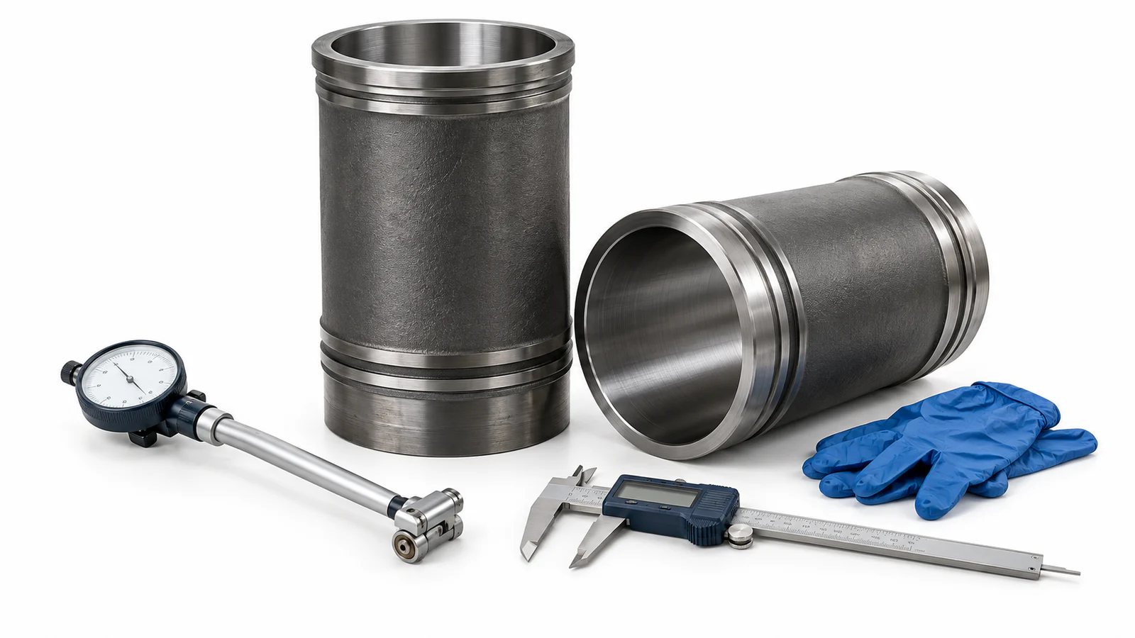 Marine diesel cylinder liners arranged with a bore gauge, digital caliper and inspection gloves on a white studio background