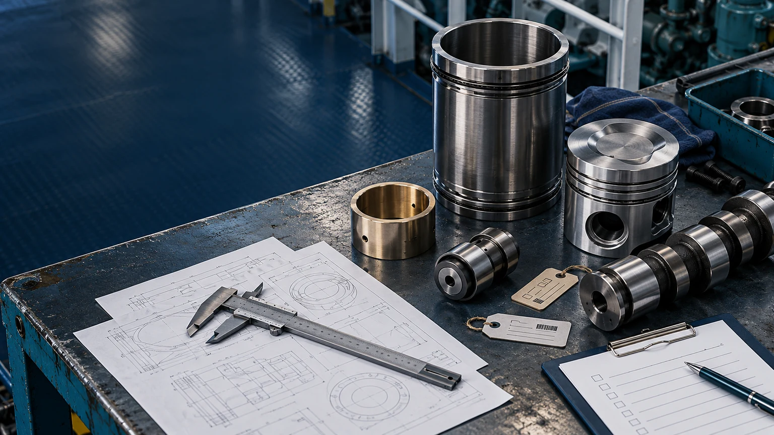 Marine diesel liner, piston, bush and camshaft components arranged with inspection drawings and measuring tools