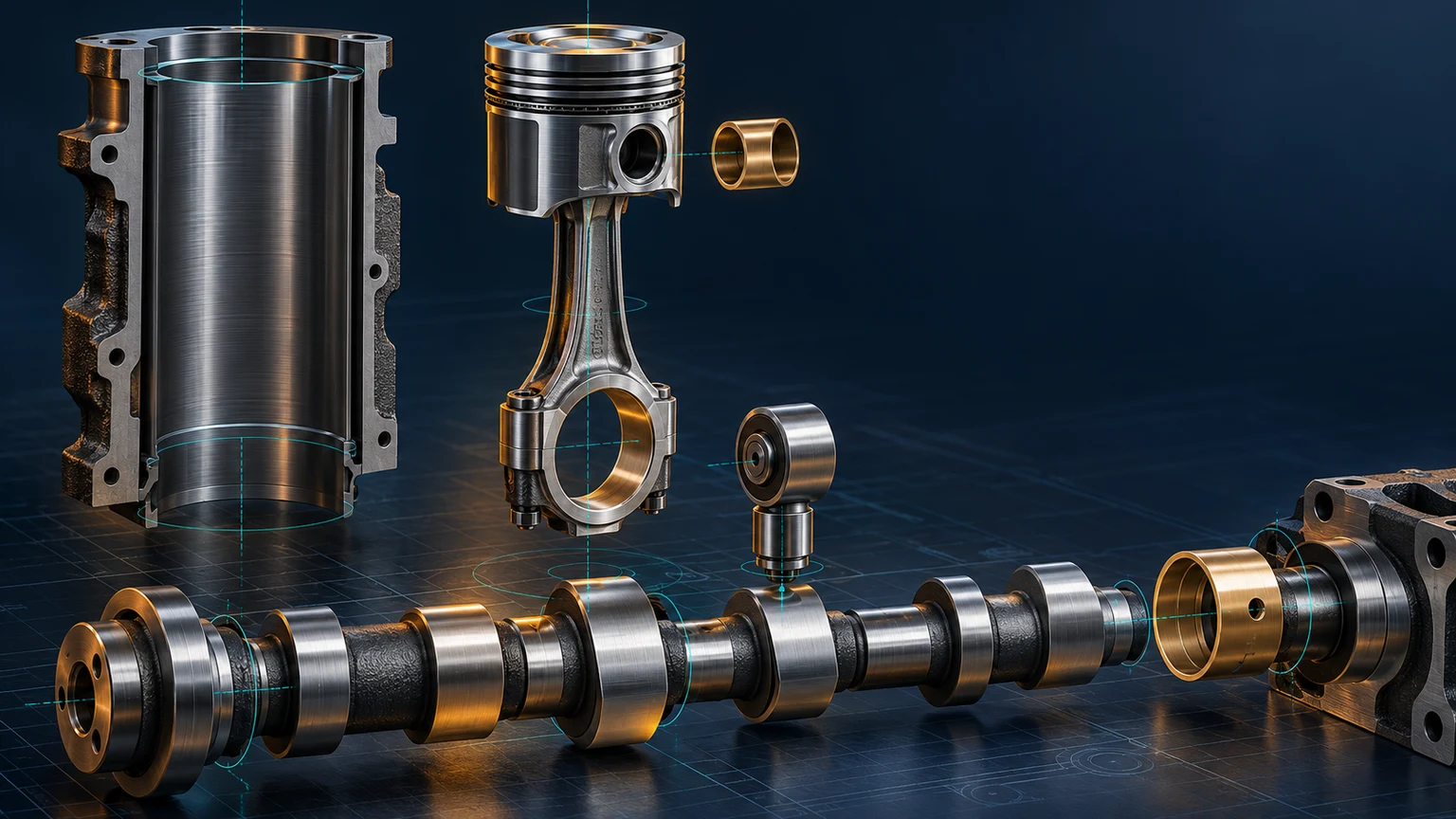 Exploded marine diesel engine assembly showing a liner, piston, connecting rod, camshaft, follower and precision bushes