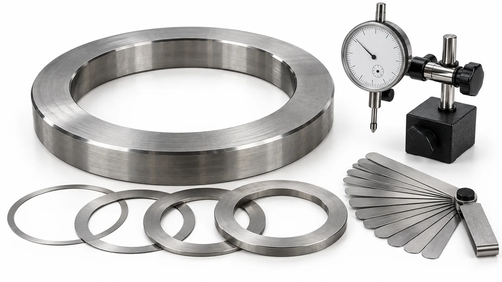 Precision-ground steel axial adjustment ring for a V12 marine diesel engine shown with thinner shim washers, a dial indicator on a magnetic base and a feeler gauge set on a white studio background