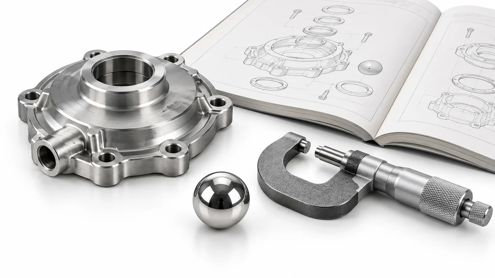Small polished steel gearcase ball for a marine generator set shown beside a gearcase cover, a micrometer and a parts book page on a white studio background
