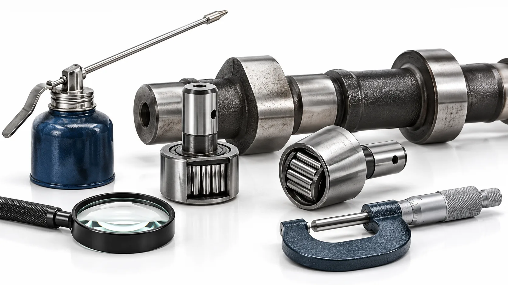 Needle-bearing roller cam followers shown beside a diesel camshaft, oil can, magnifier and micrometer on a white studio background