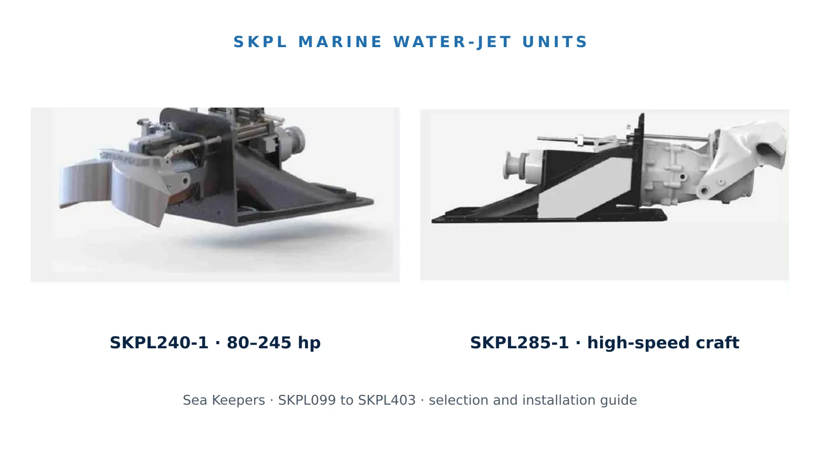 SKPL240-1 and SKPL285-1 marine water-jet units from the Sea Keepers catalogue shown side by side on a white background